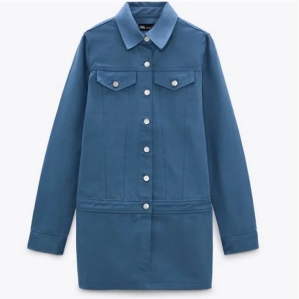 Zara Blue Denim Button Down Long Sleeves Mini Dress